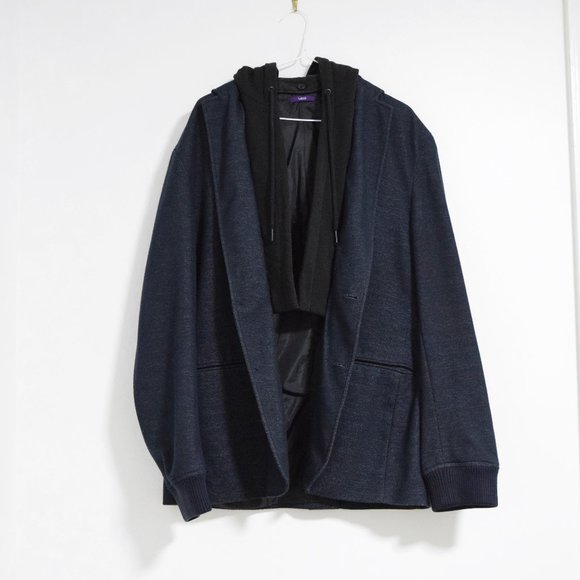 Dark Faux Denim Double Layer Hooded Sweatshirt Jacket | Size L - Picture 10 of 12